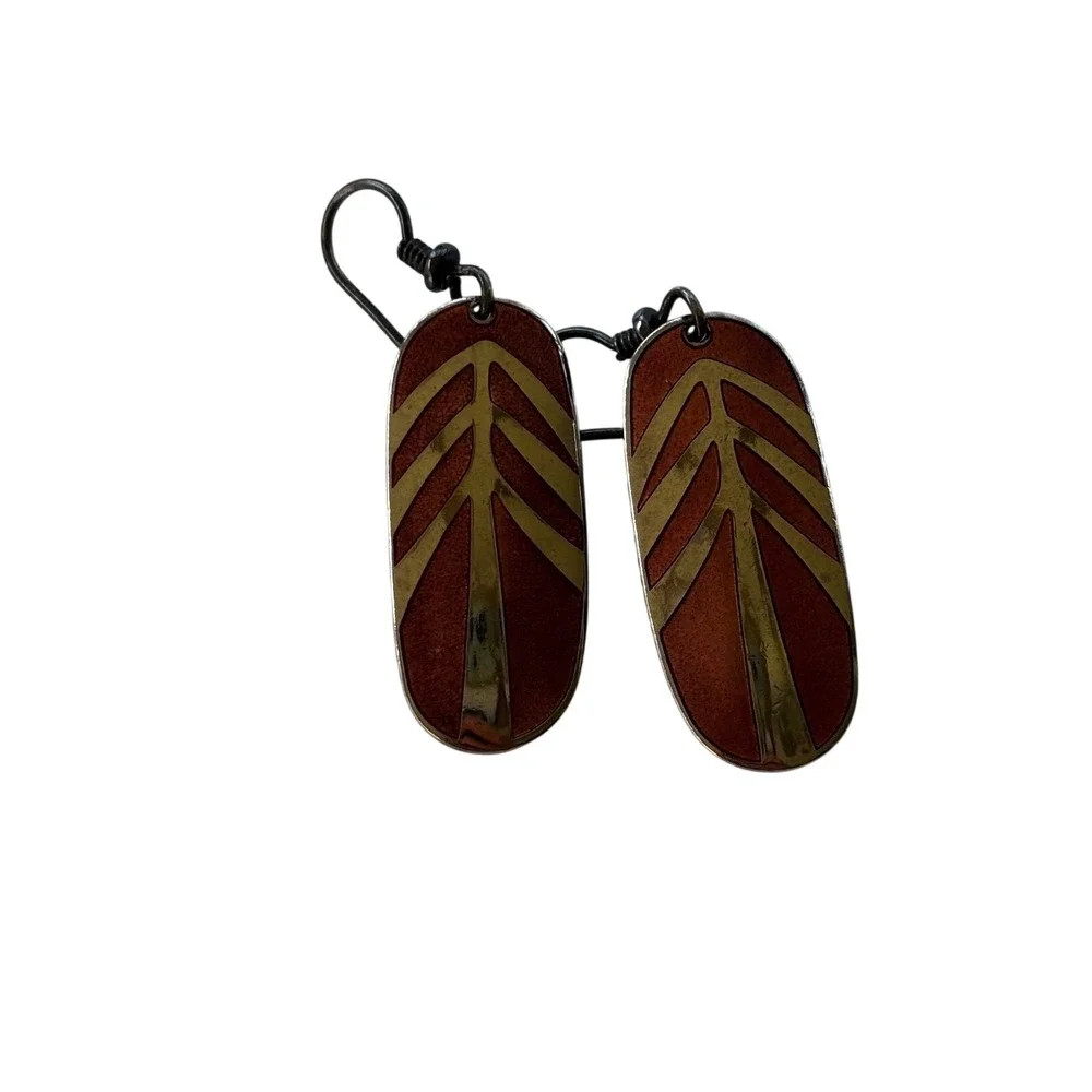 Laurel Burch Drop Earrings Womens OS Copper Gold Enamel Vintage Boho Tree Leaf